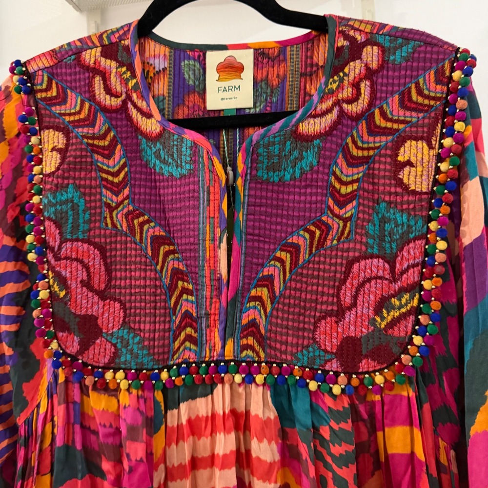 Farm Rio Red Abstract Patches Kaftan Dress Embroidered Pom Pom Maxi Large Boho - Picture 4 of 7